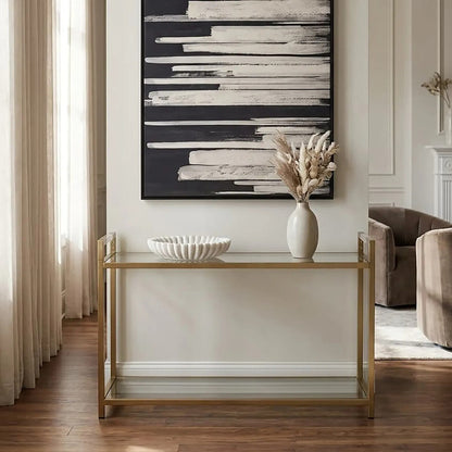 Matte Gold Stainless Steel Console Table with Clear Glass Top and Shelf, Vogue