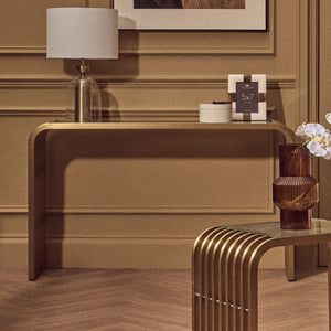 Matte Gold Slatted Console Table with Clear Glass Top, Vogue