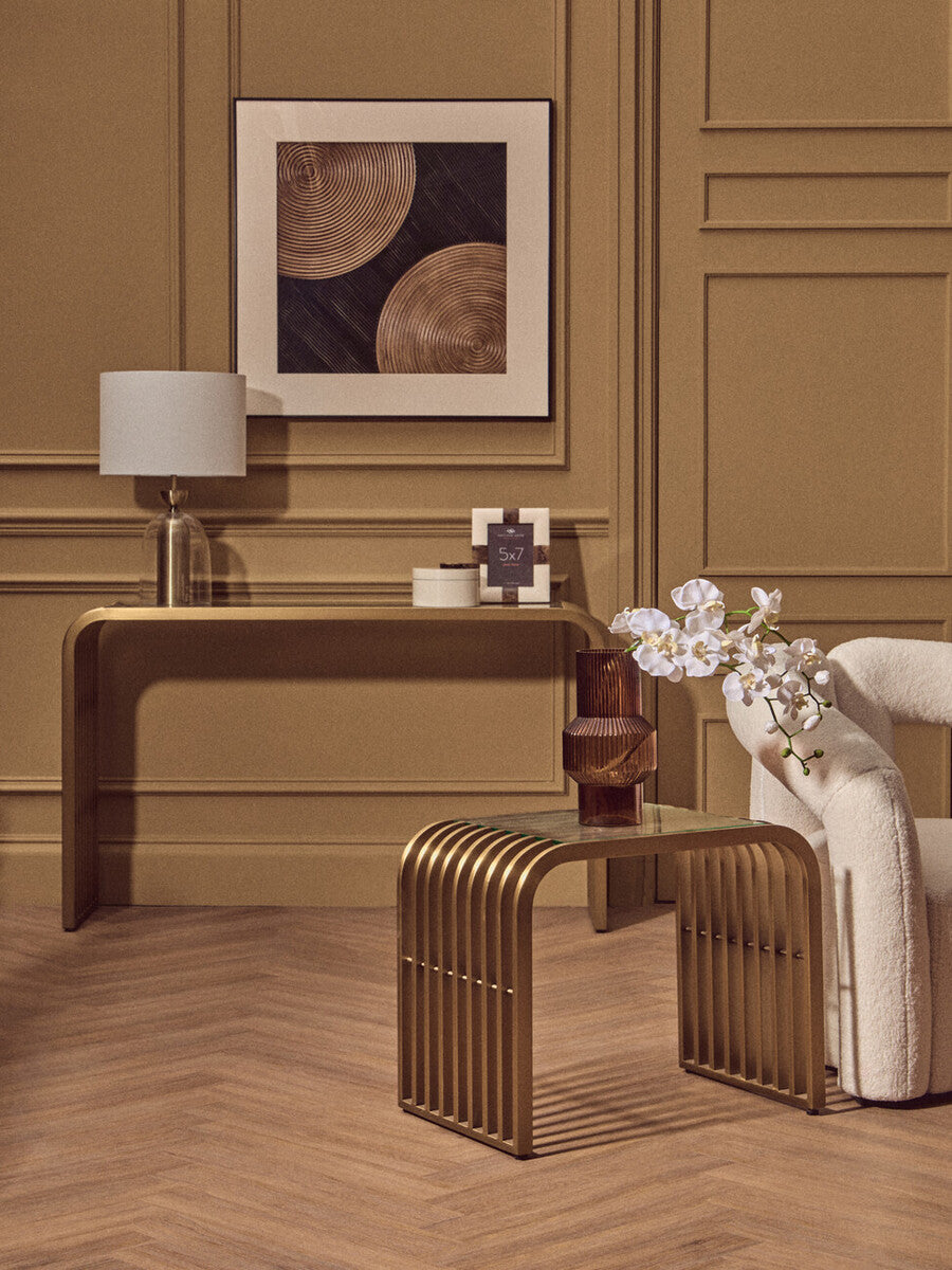 Matte Gold Slatted Console Table with Clear Glass Top, Vogue