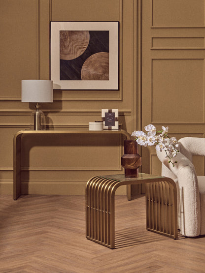 Matte Gold Slatted Console Table with Clear Glass Top, Vogue
