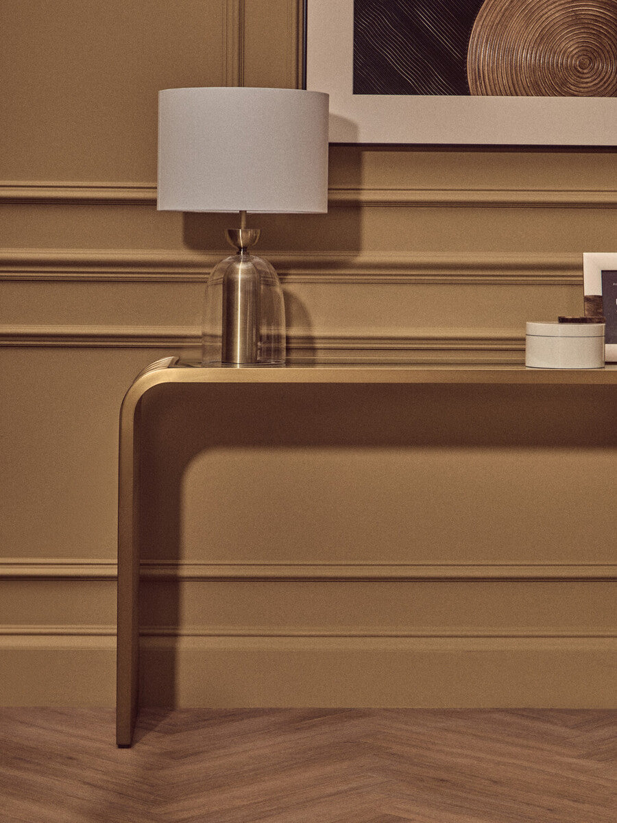 Matte Gold Slatted Console Table with Clear Glass Top, Vogue