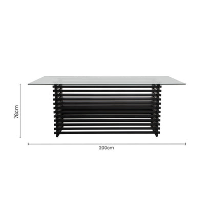 Matte Black Stainless Steel and Clear Glass Rectangular Dining Table with Storage, Vogue