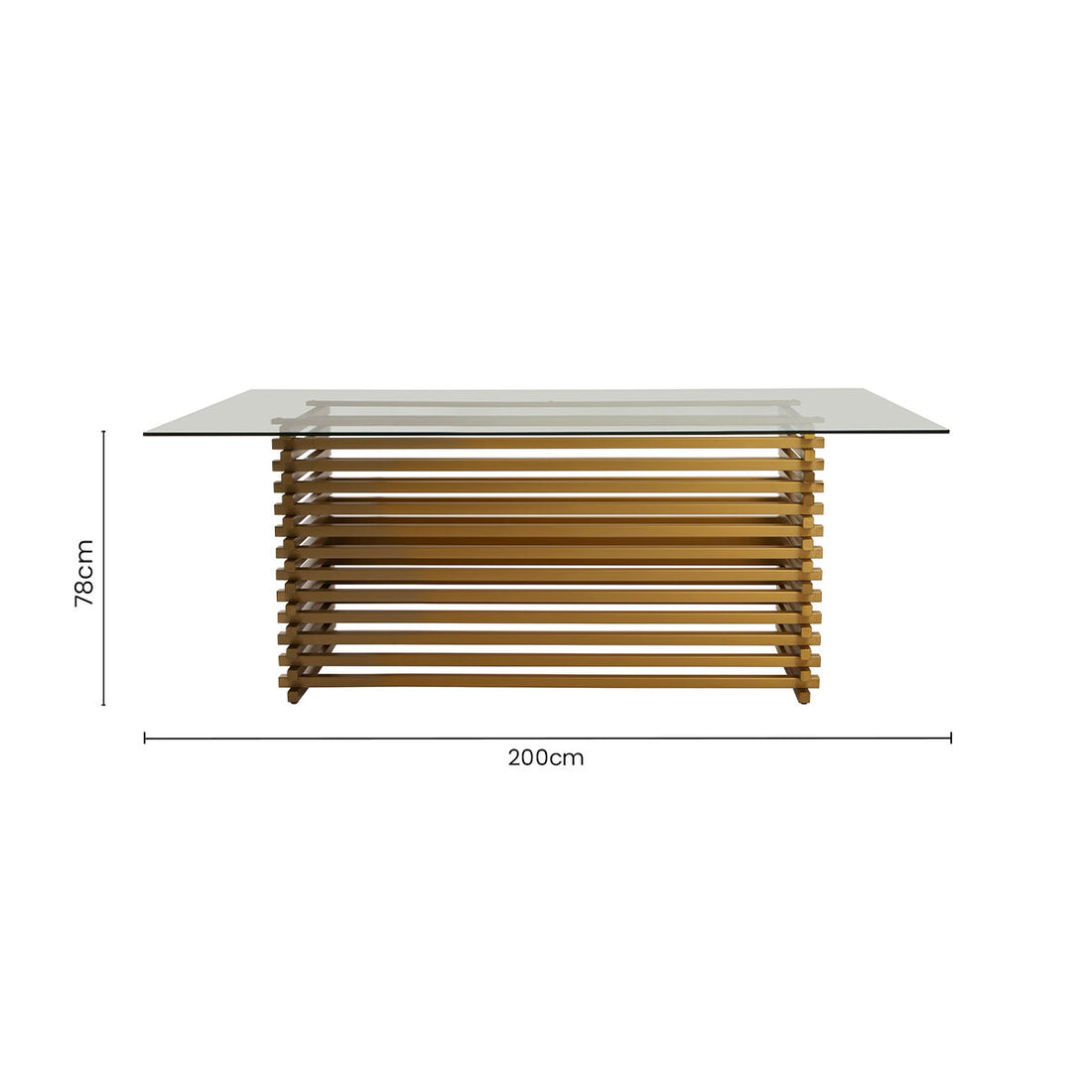 Rectangular Glass Top Dining Table with Matte Gold Stainless Steel Base, Vogue