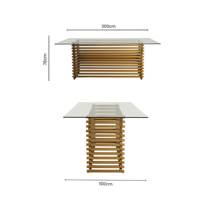 Rectangular Glass Top Dining Table with Matte Gold Stainless Steel Base | Vogue
