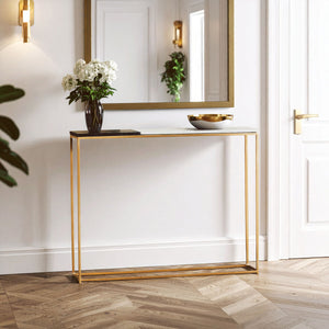 Black and White Marble Console Table with Gold and Black Metal Frame, Corra