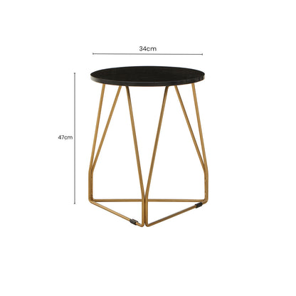 Black Marble Top Side Table with Gold Finish Geometric Sledge Base, Corra