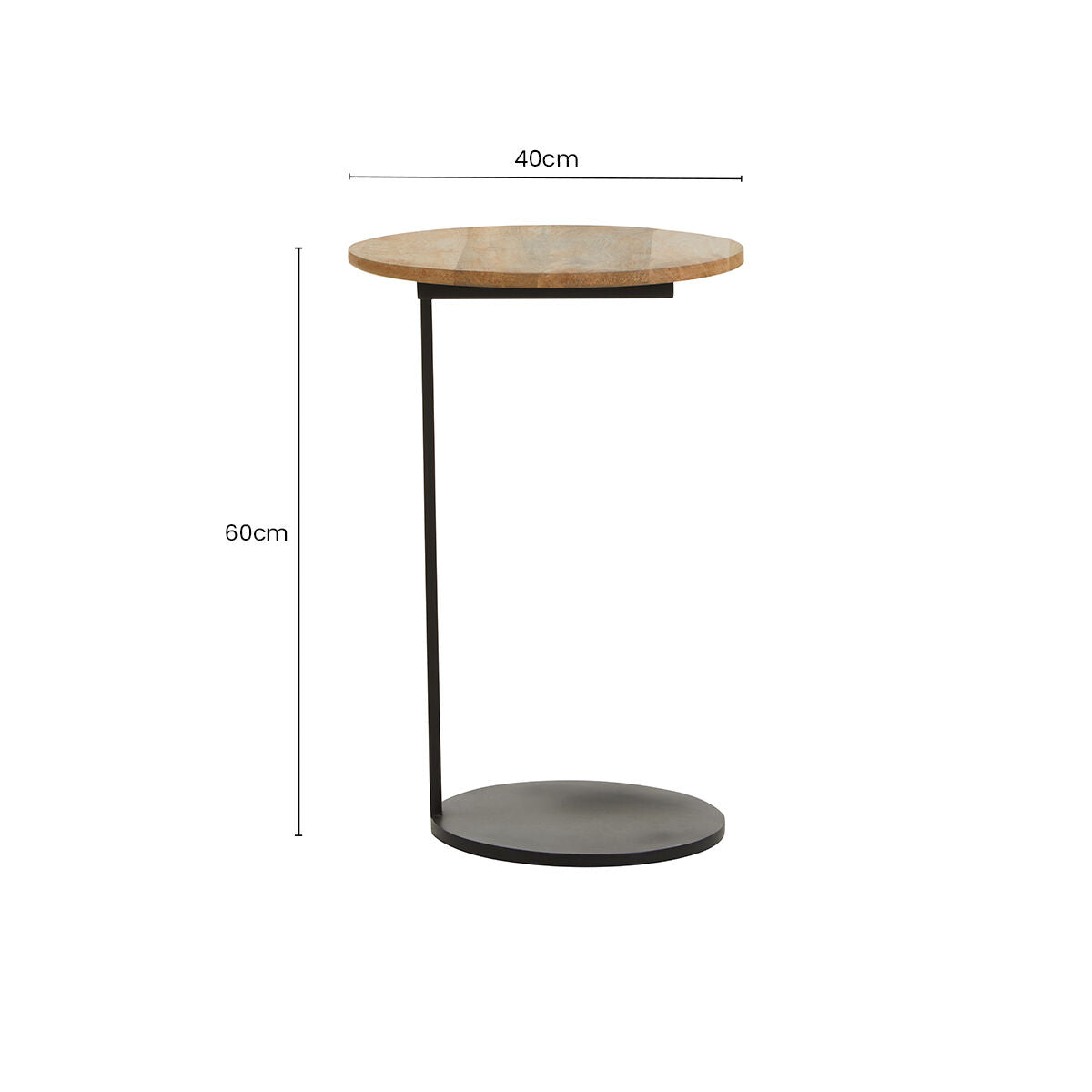 Natural Round Wooden Top C-Shaped Side Table Black Metal Base, Corra