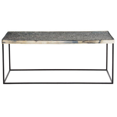 Coffee table with a marble-like top and metal frame on a white background