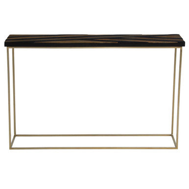 Console table with black marble top and gold metal frame on a white background