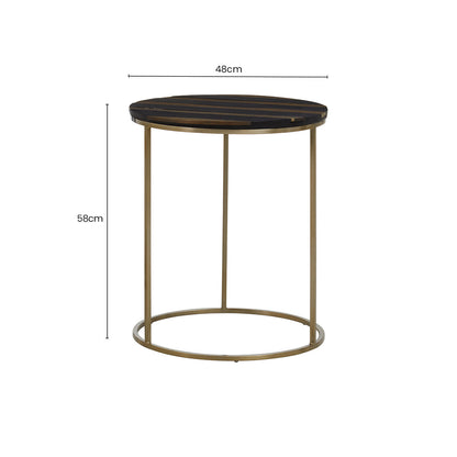 Black and Gold Striped Acacia wood Round Coffee Table with Interconnected Metal Legs, Aris