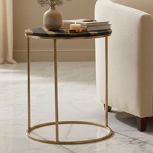 Aris Black Acacia Wood Side Table with Gold Inlay