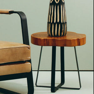 Solid Teak Wood Side Table with Asymmetric Top and Black Cross Bas, Manado
