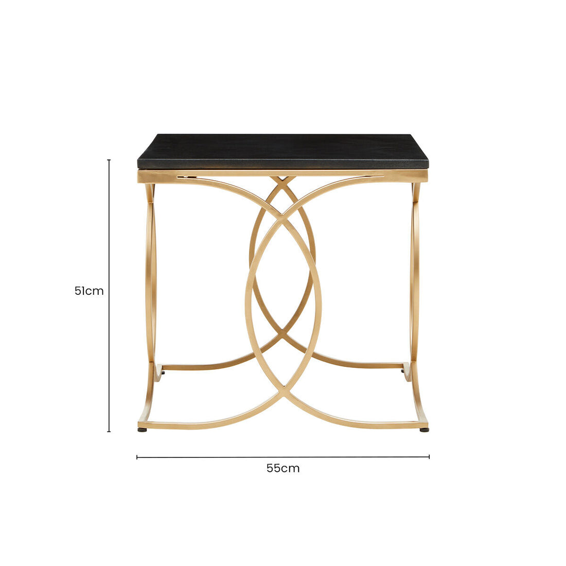 Black Marble Top Side Table with Gold Finish Interlocking Stainless Steel Frame, Kia