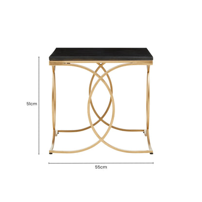 Black Marble Top Side Table with Gold Finish Interlocking Stainless Steel Frame, Kia