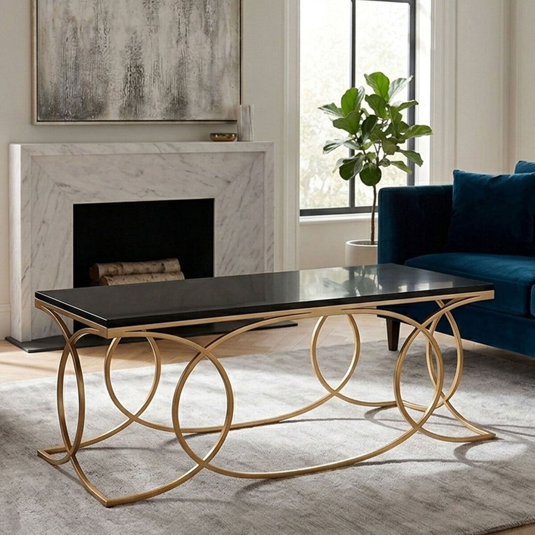 Black Marble Top Rectangular Coffee Table with Gold Finish Metal Frame | Kia