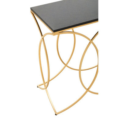 Black Marble Top Console Table with Curved Gold Finish Metal Frame, Kia