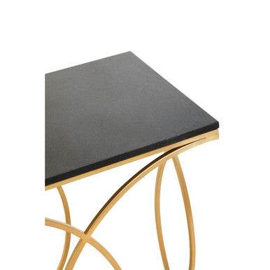 Black Marble Top Console Table with Curved Gold Finish Metal Frame, Kia