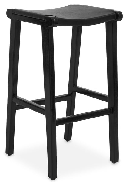 Kendari Black Leather and Teak Barstool