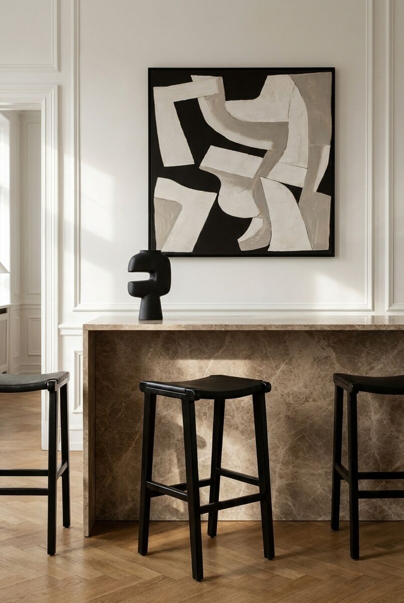 Kendari Black Leather and Teak Barstool
