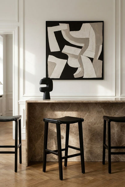 Kendari Black Leather and Teak Barstool