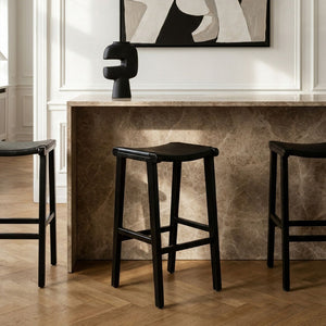 Kendari Black Leather and Teak Wood Bar Stool