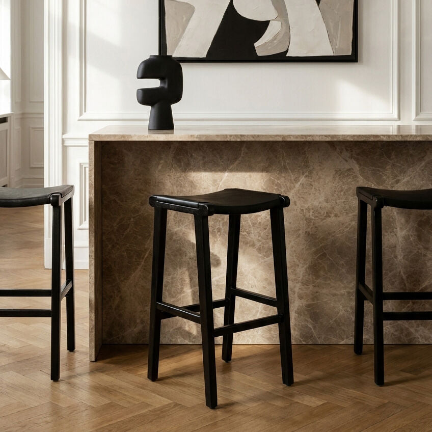 Kendari Black Leather and Teak Barstool