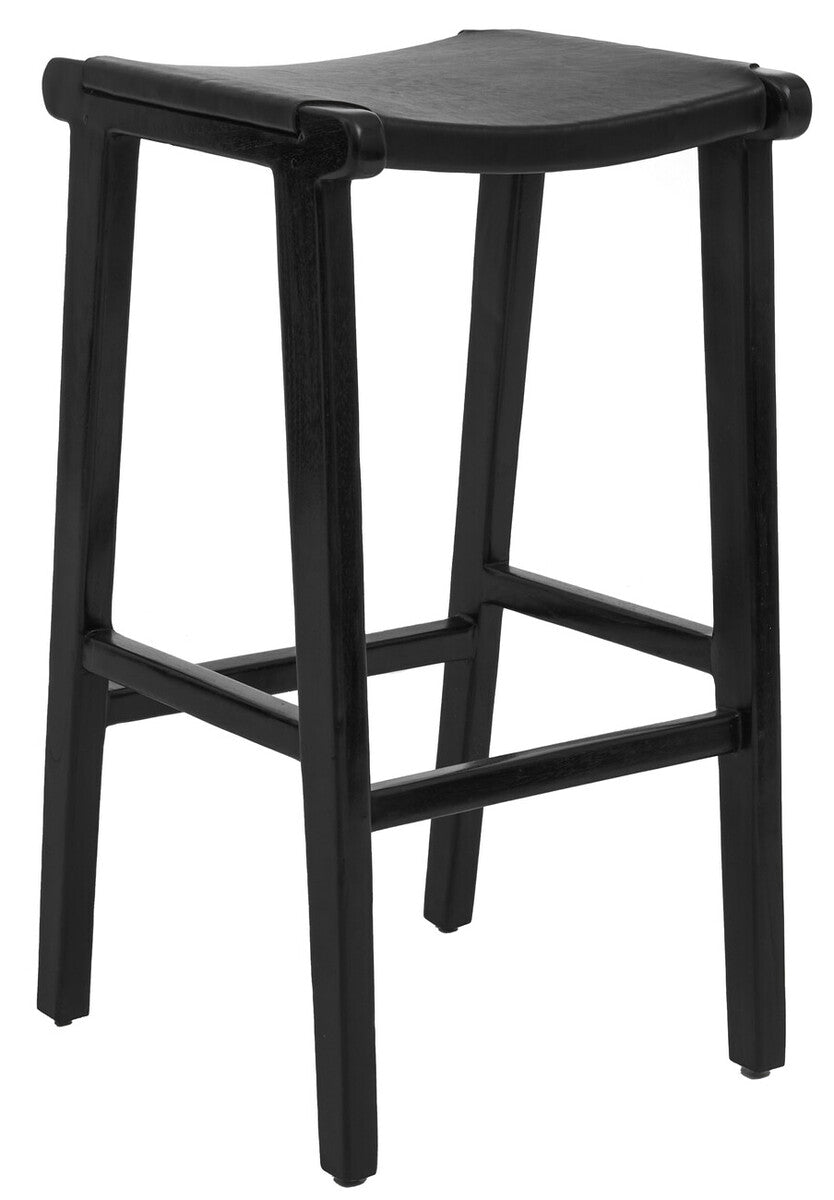 Kendari Black Leather and Teak Barstool - Image 8