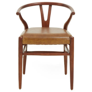 Brown wooden chair with leather seat on a white background