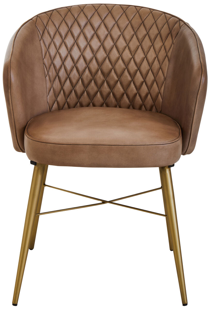 Brown leather chair with gold metal legs on a white background
