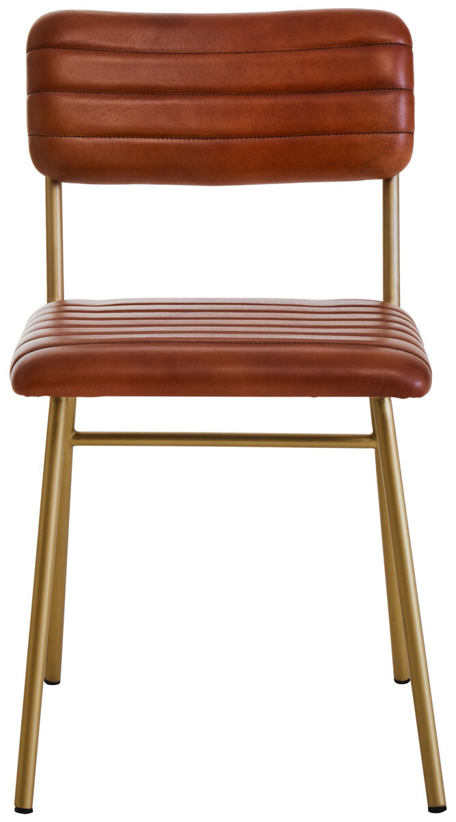 Brown leather chair with gold metal legs on a white background