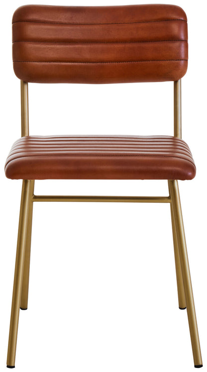 Brown leather chair with gold metal legs on a white background
