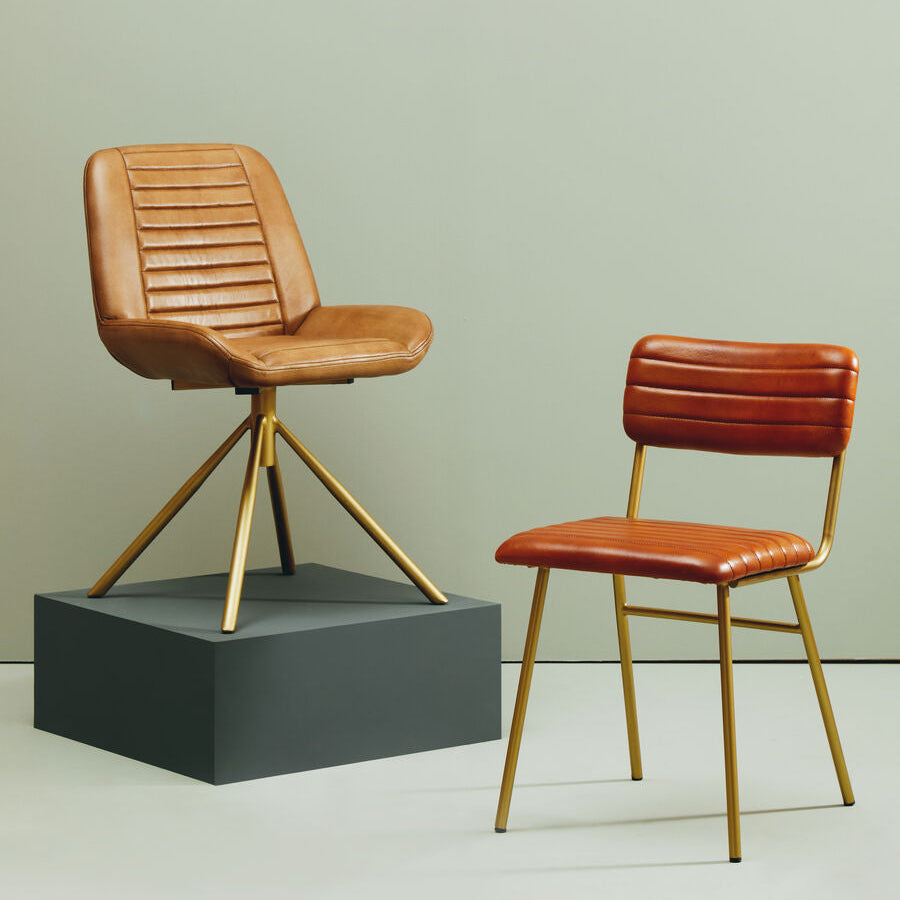 Buffalo Tan Leather Dining Chair With Gold Finish Frame