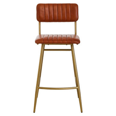 Bar stool with brown leather seat and backrest on a white background