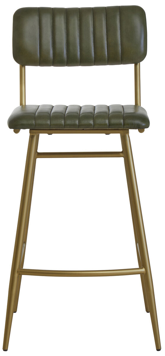 Green bar stool with gold legs on a white background