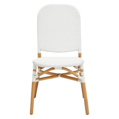 White woven chair with wooden legs on a white background