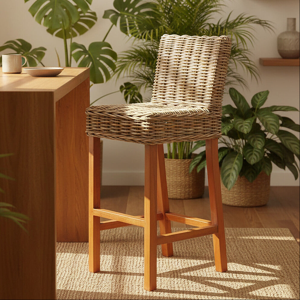 Wicker bar stool in a room with plants and wooden furniture