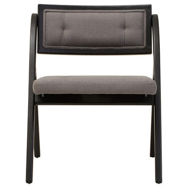 Gray cushioned chair with black frame on a white background