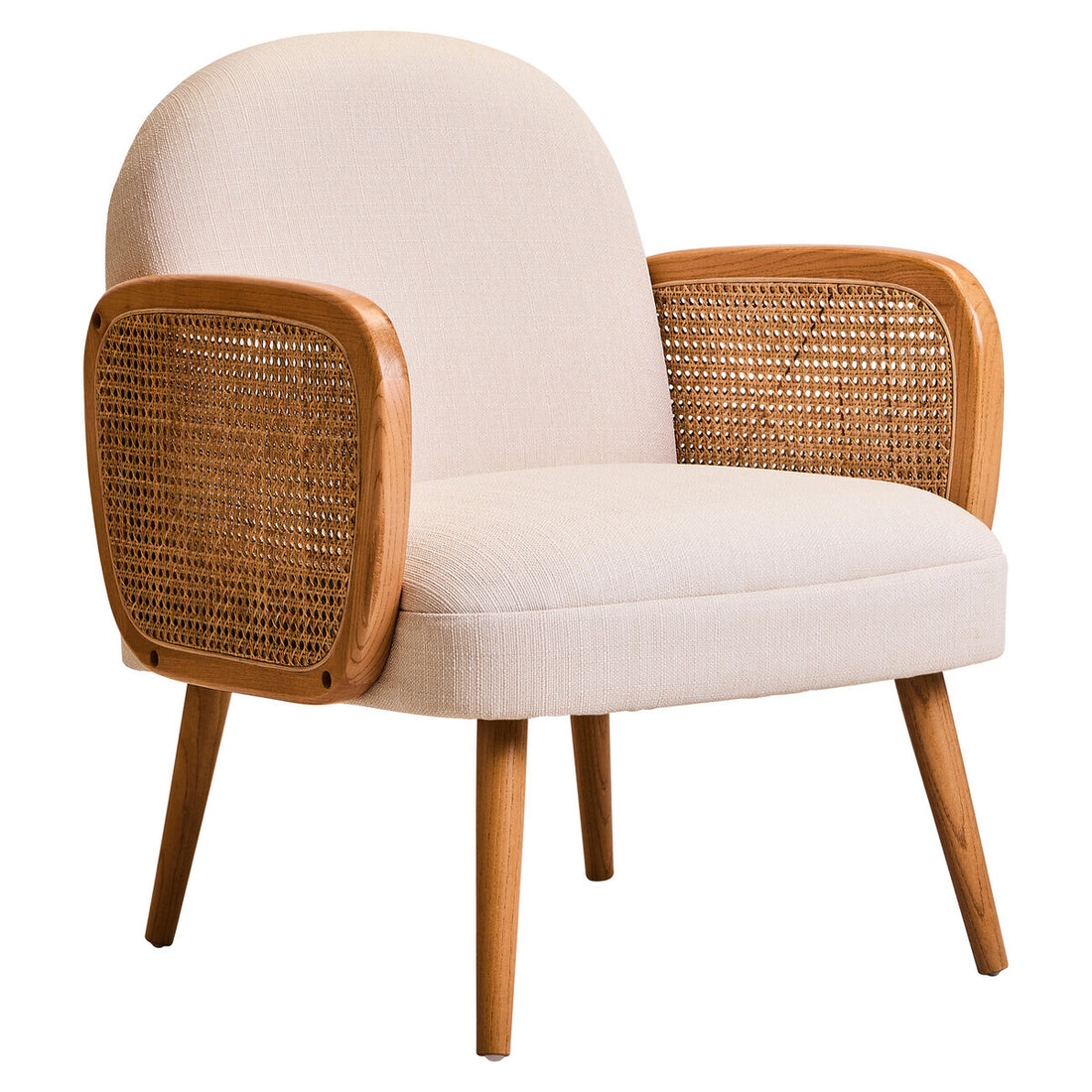 Cebu Ivory Fabric and Cane Chair with Elm Wood Legs