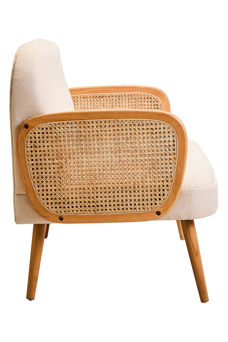 2 Seater Ivory Fabric and Cane Sofa with Elm Wood Legs, Cebu - Image 4