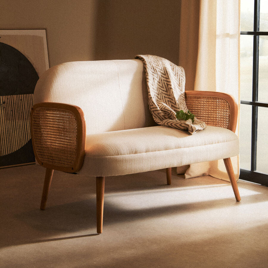 Cebu Ivory Fabric and Cane 2 Seat Sofa with Elm Wood Legs