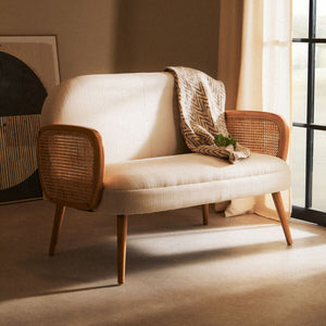 2 Seater Ivory Fabric and Cane Sofa with Elm Wood Legs, Cebu