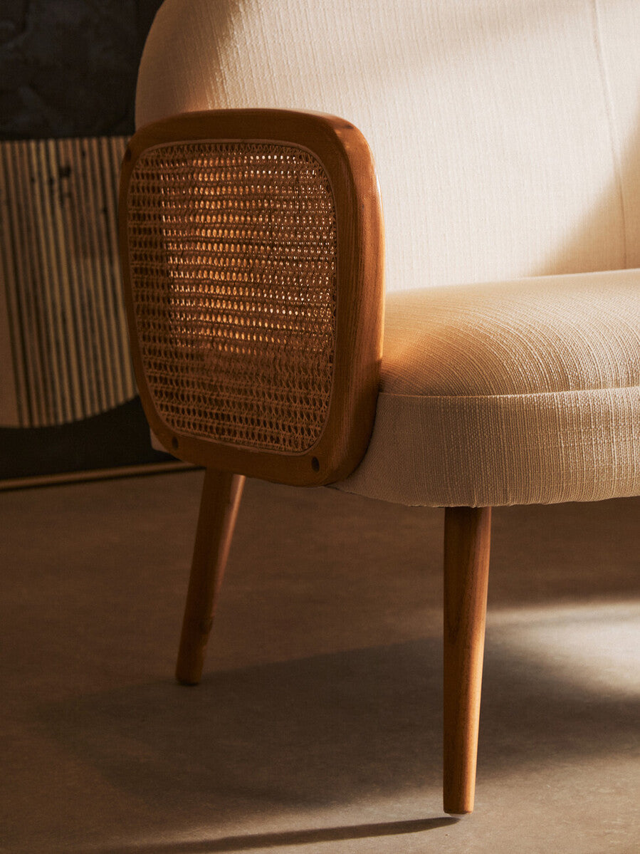 2 Seater Ivory Fabric and Cane Sofa with Elm Wood Legs, Cebu - Image 13