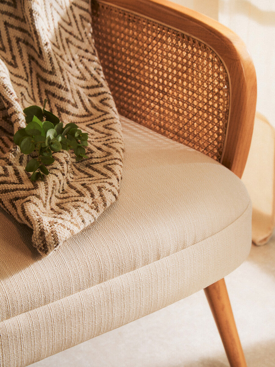 2 Seater Ivory Fabric and Cane Sofa with Elm Wood Legs, Cebu - Image 14