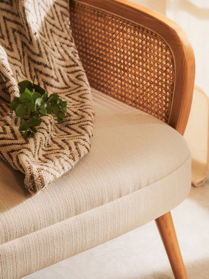 2 Seater Ivory Fabric and Cane Sofa with Elm Wood Legs, Cebu - Image 14