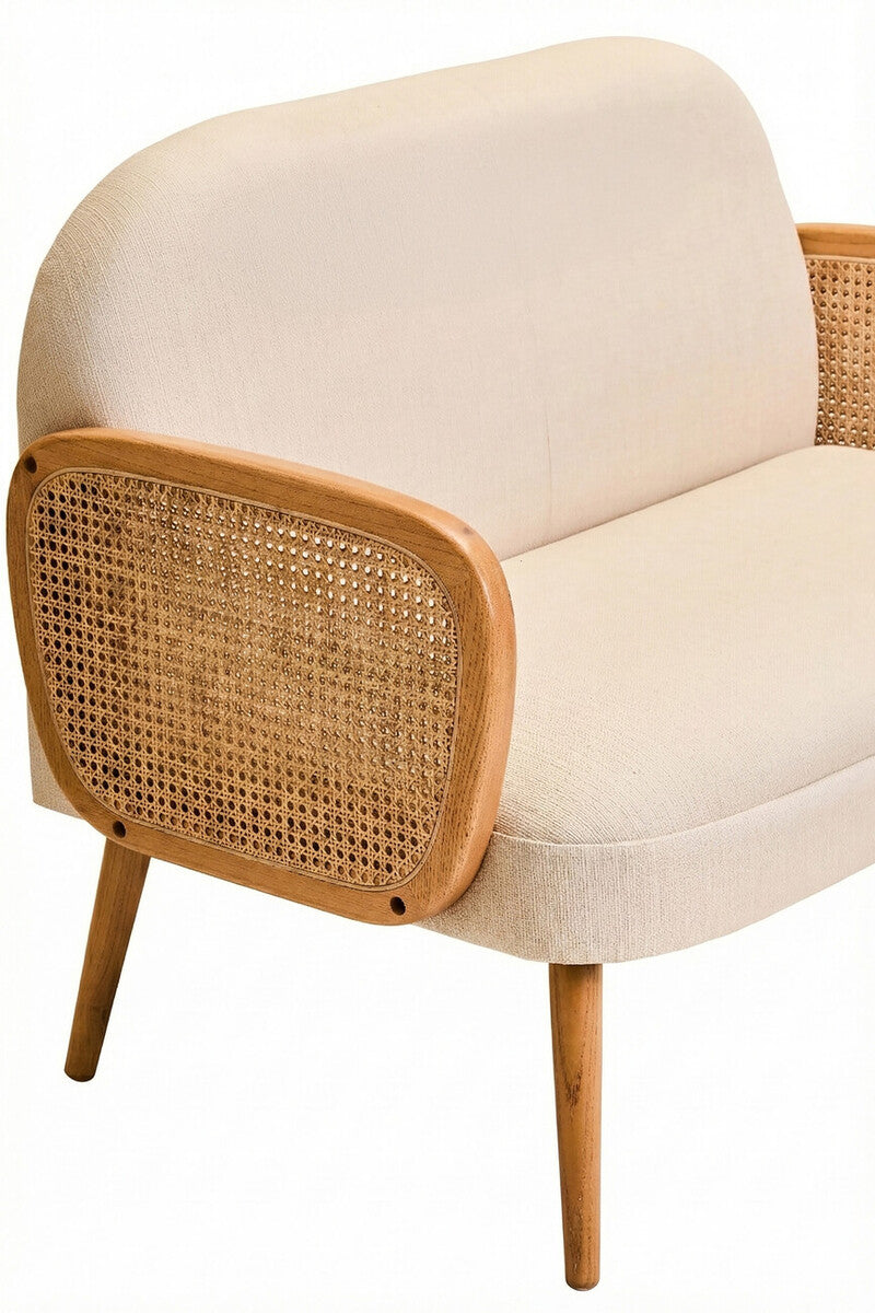 Cebu Ivory Fabric and Cane 2 Seat Sofa with Elm Wood Legs
