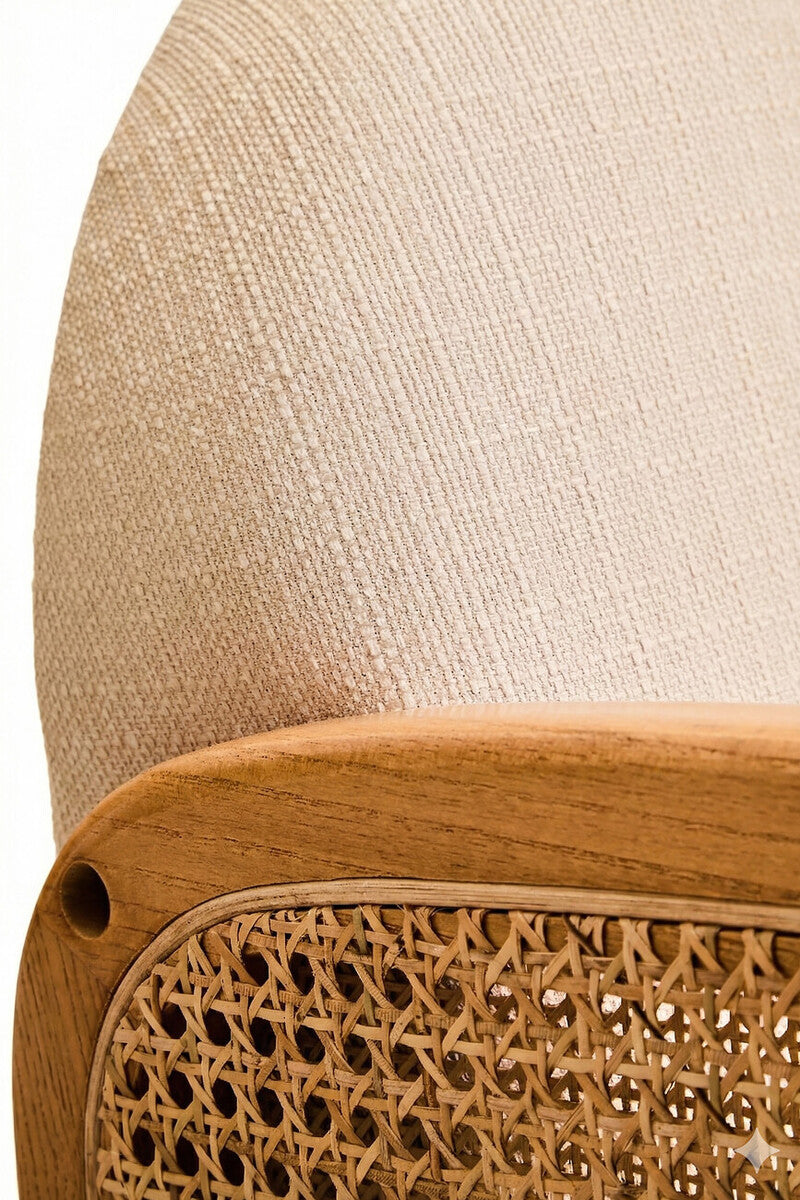 2 Seater Ivory Fabric and Cane Sofa with Elm Wood Legs, Cebu - Image 9