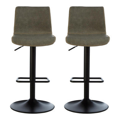 Two gray bar stools with black bases on a white background