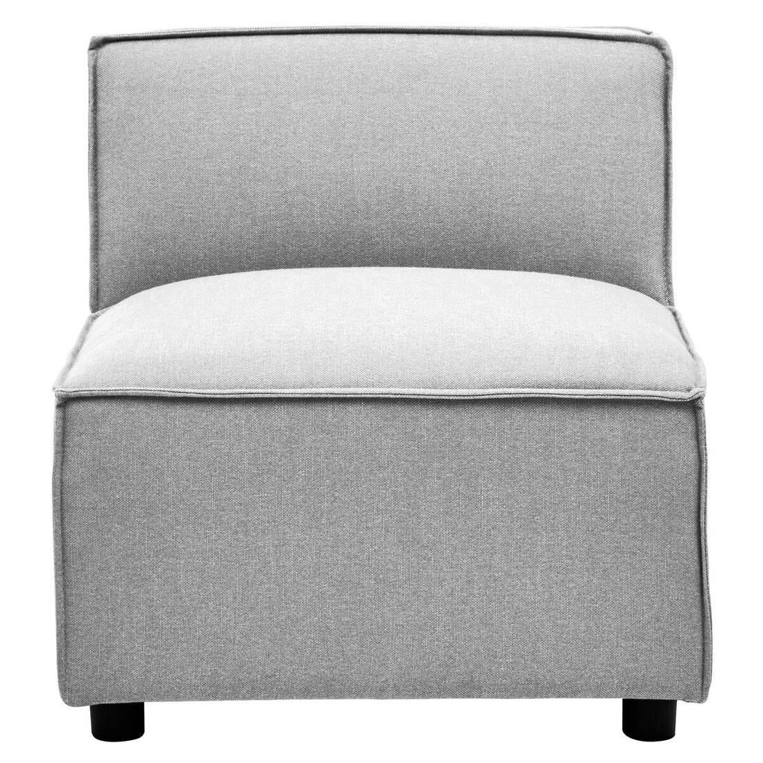 Gray upholstered chair with a white cushion on a white background