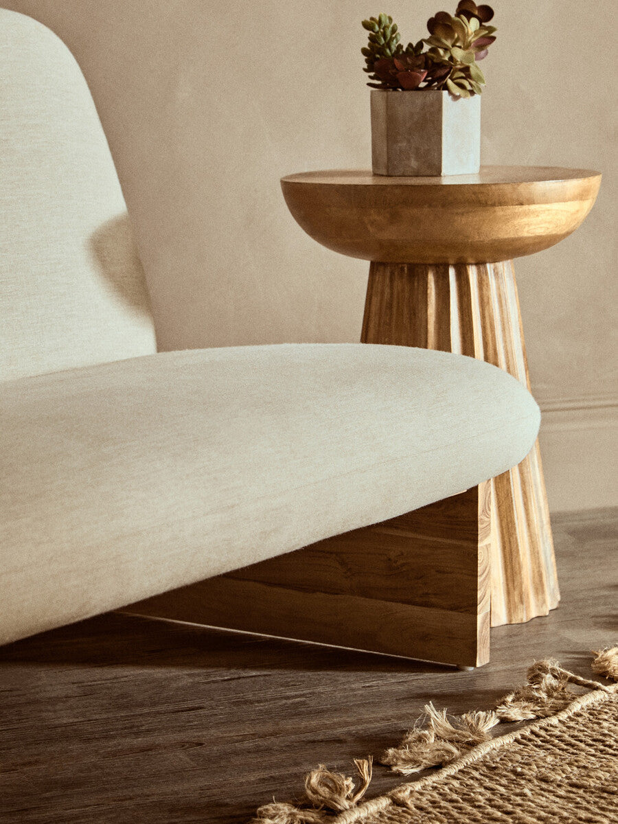 2 Seater Armless Cream Textured Linen Sofa with Wood Base, Parova - Image 7