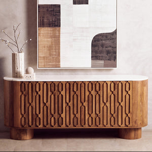 Torcino White Marble and Carved Mango Wood Sideboard